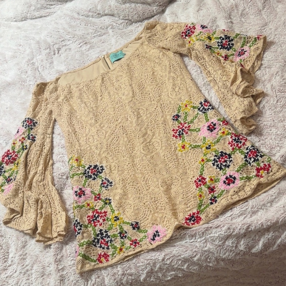 Judith March Cream Embellished Ruffled Long Sleeve Dress